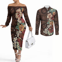 Kanoa Hawai'i Hibiscus Couples Matching Off The Shoulder Long Sleeve Dress and Long Sleeve Button Shirt Polynesian Tribal Tattoo Pattern Floral Elements