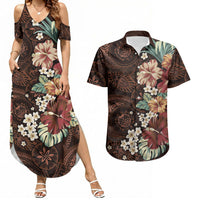 Kanoa Hawai'i Hibiscus Couples Matching Summer Maxi Dress and Hawaiian Shirt Polynesian Tribal Tattoo Pattern Floral Elements