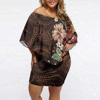 Kanoa Hawai'i Hibiscus Off Shoulder Short Dress Polynesian Tribal Tattoo Pattern Floral Elements