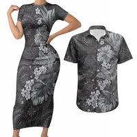 Pauli Hawai'i Hibiscus Couples Matching Short Sleeve Bodycon Dress and Hawaiian Shirt Polynesian Tribal Tattoo Pattern Floral Elements