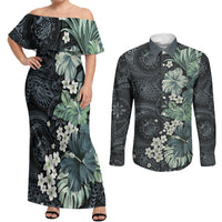 Pauliuli Hawai'i Hibiscus Couples Matching Off Shoulder Maxi Dress and Long Sleeve Button Shirt Polynesian Tribal Tattoo Pattern Floral Elements