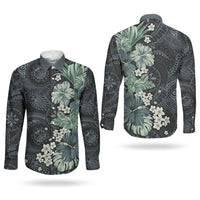 Pauliuli Hawai'i Hibiscus Couples Matching Off The Shoulder Long Sleeve Dress and Long Sleeve Button Shirt Polynesian Tribal Tattoo Pattern Floral Elements