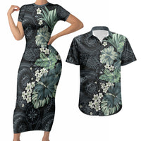 Pauliuli Hawai'i Hibiscus Couples Matching Short Sleeve Bodycon Dress and Hawaiian Shirt Polynesian Tribal Tattoo Pattern Floral Elements