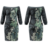 Pauliuli Hawai'i Hibiscus Family Matching Off The Shoulder Long Sleeve Dress and Hawaiian Shirt Polynesian Tribal Tattoo Pattern Floral Elements