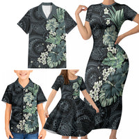Pauliuli Hawai'i Hibiscus Family Matching Short Sleeve Bodycon Dress and Hawaiian Shirt Polynesian Tribal Tattoo Pattern Floral Elements