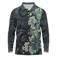 Pauliuli Hawai'i Hibiscus Long Sleeve Polo Shirt Polynesian Tribal Tattoo Pattern Floral Elements
