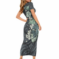 Pauliuli Hawai'i Hibiscus Short Sleeve Bodycon Dress Polynesian Tribal Tattoo Pattern Floral Elements