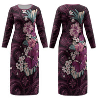 Poni Mama Hawai'i Hibiscus Couples Matching Long Sleeve Bodycon Dress and Long Sleeve Button Shirt Polynesian Tribal Tattoo Pattern Floral Elements