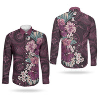 Poni Mama Hawai'i Hibiscus Couples Matching Off Shoulder Maxi Dress and Long Sleeve Button Shirt Polynesian Tribal Tattoo Pattern Floral Elements