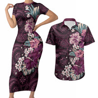Poni Mama Hawai'i Hibiscus Couples Matching Short Sleeve Bodycon Dress and Hawaiian Shirt Polynesian Tribal Tattoo Pattern Floral Elements