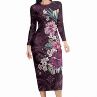 Poni Mama Hawai'i Hibiscus Long Sleeve Bodycon Dress Polynesian Tribal Tattoo Pattern Floral Elements