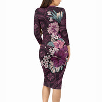 Poni Mama Hawai'i Hibiscus Long Sleeve Bodycon Dress Polynesian Tribal Tattoo Pattern Floral Elements