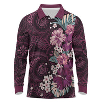 Poni Mama Hawai'i Hibiscus Long Sleeve Polo Shirt Polynesian Tribal Tattoo Pattern Floral Elements