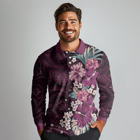 Poni Mama Hawai'i Hibiscus Long Sleeve Polo Shirt Polynesian Tribal Tattoo Pattern Floral Elements