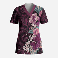 Poni Mama Hawai'i Hibiscus Scrub Top Polynesian Tribal Tattoo Pattern Floral Elements