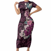 Poni Mama Hawai'i Hibiscus Short Sleeve Bodycon Dress Polynesian Tribal Tattoo Pattern Floral Elements