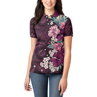 Poni Mama Hawai'i Hibiscus Women Polo Shirt Polynesian Tribal Tattoo Pattern Floral Elements
