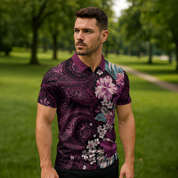 Poni Mama Hawai'i Hibiscus Zipper Polo Shirt Polynesian Tribal Tattoo Pattern Floral Elements