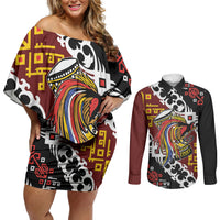 Personalised Papua New Guinea Bird Drum Couples Matching Off Shoulder Short Dress and Long Sleeve Button Shirt Papuan Batik Motif