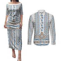 Personalised Papua New Guinea Bird Ethnic Couples Matching Puletasi and Long Sleeve Button Shirt Papuan Batik Inspired Pattern