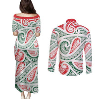 New Zealand Kowhaiwhai Christmas Couples Matching Puletasi and Long Sleeve Button Shirt Traditional Maori Koru Pattern - Polynesian Pride