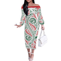 New Zealand Kowhaiwhai Christmas Off The Shoulder Long Sleeve Dress Traditional Maori Koru Pattern - Polynesian Pride