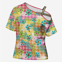 Hawaiian Palaka Cross Shoulder Shirt Hibiscus Palm Leaf Pattern LT9 Female Yellow - Polynesian Pride