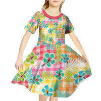 Hawaiian Palaka Kid Short Sleeve Dress Hibiscus Palm Leaf Pattern - Polynesian Pride