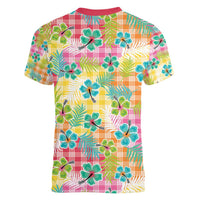 Hawaiian Palaka Women V-Neck T-Shirt Hibiscus Palm Leaf Pattern - Polynesian Pride