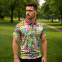 Hawaiian Palaka Zipper Polo Shirt Hibiscus Palm Leaf Pattern - Polynesian Pride