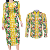 Hawaiian Palaka Couples Matching Long Sleeve Bodycon Dress and Long Sleeve Button Shirt Hibiscus Pineapple Lei - Polynesian Pride