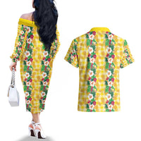 Hawaiian Palaka Couples Matching Off The Shoulder Long Sleeve Dress and Hawaiian Shirt Hibiscus Pineapple Lei - Polynesian Pride