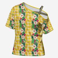Hawaiian Palaka Cross Shoulder Shirt Hibiscus Pineapple Lei LT9 Female Yellow - Polynesian Pride
