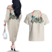 Brown Hawaiian Palaka Couples Matching Off The Shoulder Long Sleeve Dress and Hawaiian Shirt Kukui Nut Money Lei - Polynesian Pride