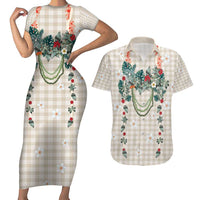 Brown Hawaiian Palaka Couples Matching Short Sleeve Bodycon Dress and Hawaiian Shirt Kukui Nut Money Lei - Polynesian Pride