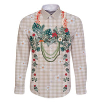 Brown Hawaiian Palaka Family Matching Off The Shoulder Long Sleeve Dress and Hawaiian Shirt Kukui Nut Money Lei - Polynesian Pride