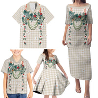 Brown Hawaiian Palaka Family Matching Puletasi and Hawaiian Shirt Kukui Nut Money Lei - Polynesian Pride