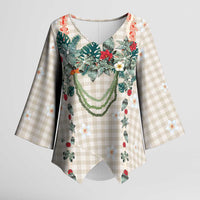 Brown Hawaiian Palaka Kimono Sleeve Blouse Kukui Nut Money Lei - Polynesian Pride