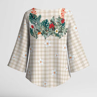 Brown Hawaiian Palaka Kimono Sleeve Blouse Kukui Nut Money Lei - Polynesian Pride