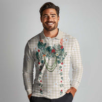 Brown Hawaiian Palaka Long Sleeve Polo Shirt Kukui Nut Money Lei - Polynesian Pride