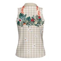 Brown Hawaiian Palaka Women Sleeveless Polo Shirt Kukui Nut Money Lei - Polynesian Pride