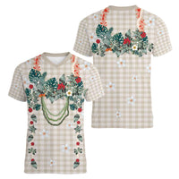 Brown Hawaiian Palaka Women V-Neck T-Shirt Kukui Nut Money Lei - Polynesian Pride