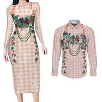 Peach Hawaiian Palaka Couples Matching Long Sleeve Bodycon Dress and Long Sleeve Button Shirt Kukui Nut Money Lei - Polynesian Pride