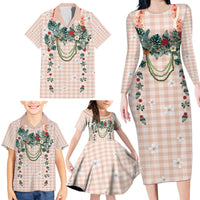 Peach Hawaiian Palaka Family Matching Long Sleeve Bodycon Dress and Hawaiian Shirt Kukui Nut Money Lei - Polynesian Pride