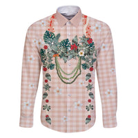 Peach Hawaiian Palaka Family Matching Long Sleeve Bodycon Dress and Hawaiian Shirt Kukui Nut Money Lei - Polynesian Pride