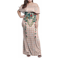 Peach Hawaiian Palaka Family Matching Off Shoulder Maxi Dress and Hawaiian Shirt Kukui Nut Money Lei - Polynesian Pride