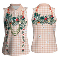 Peach Hawaiian Palaka Women Sleeveless Polo Shirt Kukui Nut Money Lei - Polynesian Pride