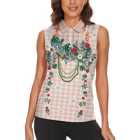 Peach Hawaiian Palaka Women Sleeveless Polo Shirt Kukui Nut Money Lei - Polynesian Pride