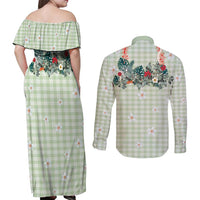 Sage Green Hawaiian Palaka Couples Matching Off Shoulder Maxi Dress and Long Sleeve Button Shirt Kukui Nut Money Lei - Polynesian Pride