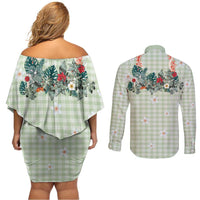 Sage Green Hawaiian Palaka Couples Matching Off Shoulder Short Dress and Long Sleeve Button Shirt Kukui Nut Money Lei - Polynesian Pride